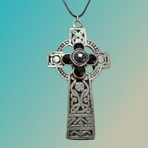 Silver and Black Celtic Cross Pendant Rustic Cross Necklace........726